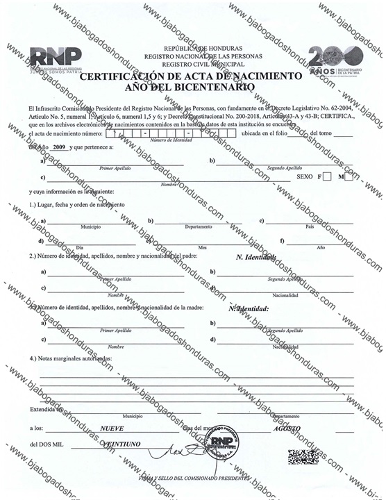 Certificado de Acta de Nacimiento o Partida de Nacimiento Honduras