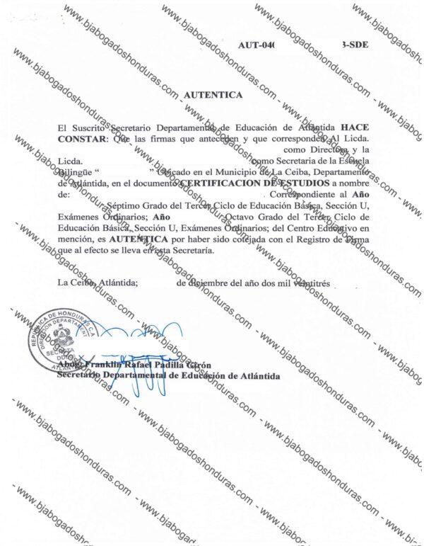 Certificado de Notas de Media. Auténtica Departamental Honduras