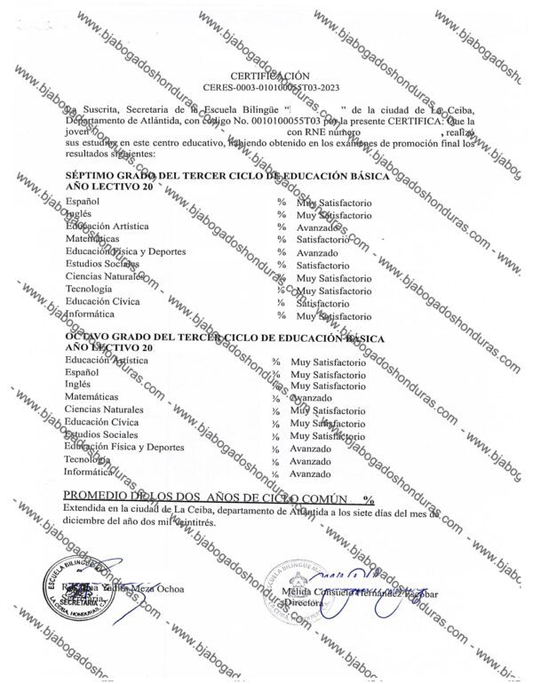 Certificado de Notas de Educacion Media Honduras